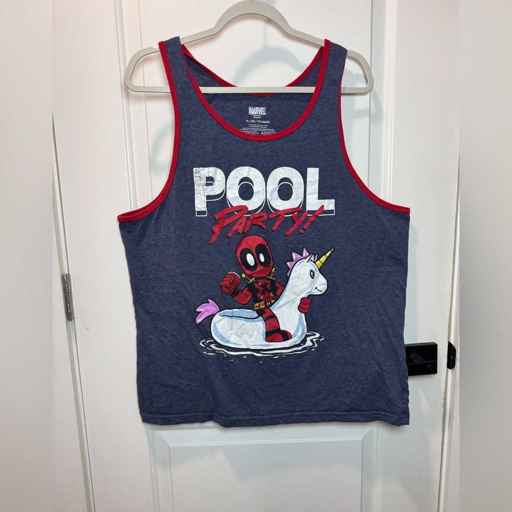 Marvel Deadpool men’s  Tank Top - Navy with Red Trim size XL unicorn pool party
